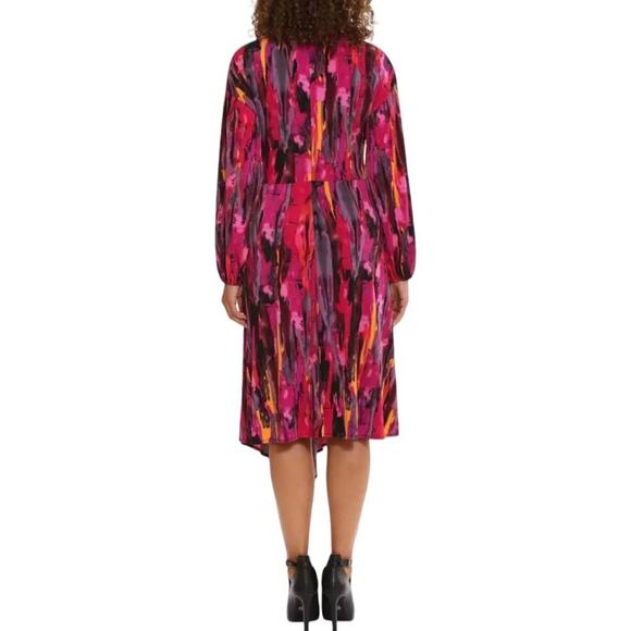 MAGGY LONDON TWIST FRONT ASYMMETRIC HEM MIDI DRESS IN BERRY MULTI NWT SIZE 14W - Picture 2 of 16